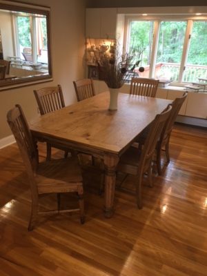 Blauvelt, NY - Custom built Bedford refractory table with Cameron legs and chairs from our vendor Keystone, in solid rustic red oak with a vintage hand-hewn top in a Provicial stain with extreme flat finish