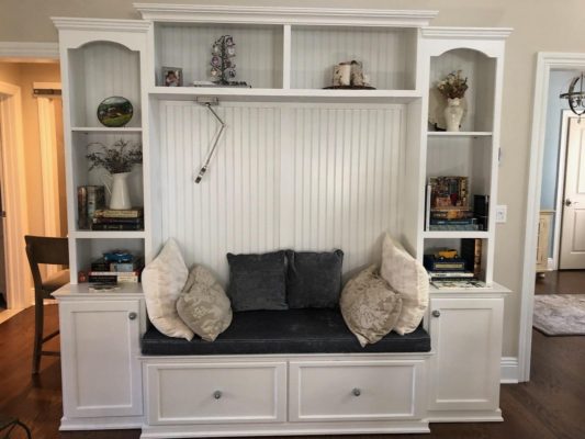 Custom built maple 5 - piece wall unit with a storage bench for a customer's library room in Washington Township, NJ