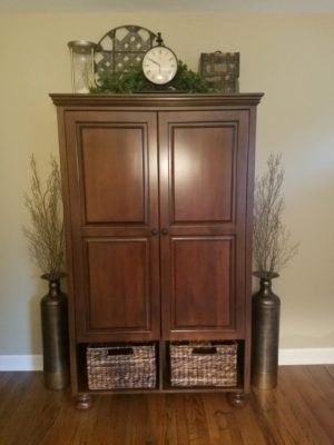 Custom built maple armoire with a lower cubby space finished to match a sample for a customer in West Nyack, NY