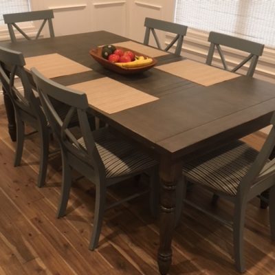 Ridgewood - Whitewood X-back chairs in an aged Smoke finish to complement our Keystone Canterbury table in red oak with an antiquity finish package.