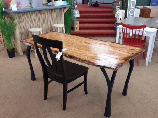 Solid Olive Wood Live Edge Writing Desk featured in a Natural finish with blow-torched effect