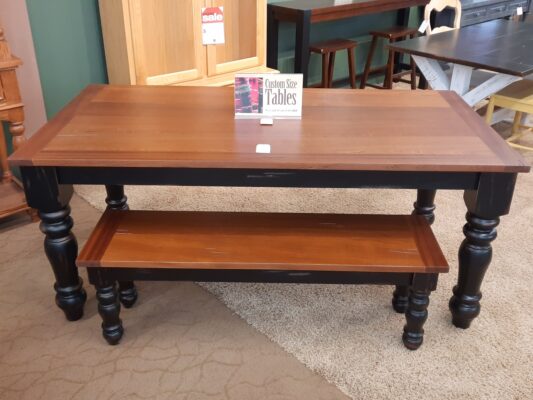 Solid Sapele and Maple Dining Table and Bench featured in a Natural and antiqued Black finish