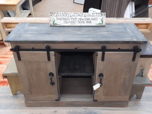 Solid Rough-Sawn Pine barn door Console featured in a glazed Heather Gray and Slate hand-rubbed finish