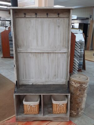 Solid Rough-Sawn Pine Mudroom Storage Bench featured in a glazed Smoke and Charcoal finish